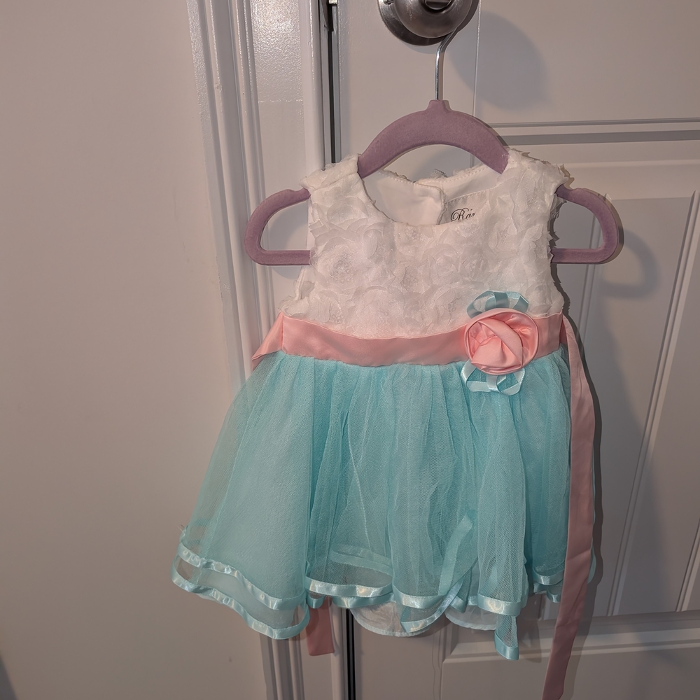 Adorable White and Aqua Dress with Pink Accents